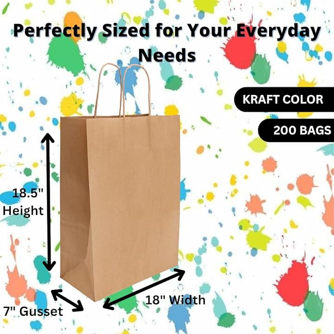 ASSUREPAK Kraft DIY Paper Bags, 18" x 7" x 18.5", 110 GSM, 200 Count