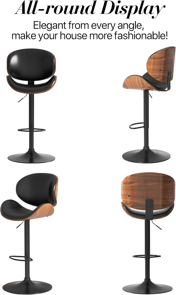 Adjustable Swivel Bar Stools Set of 4, Modern Bentwood Barstool with Large Metal Base and Footrest, PU Leather Upholstered Bar Chair with Curved Back for Kitchen Island Dining Room, Black