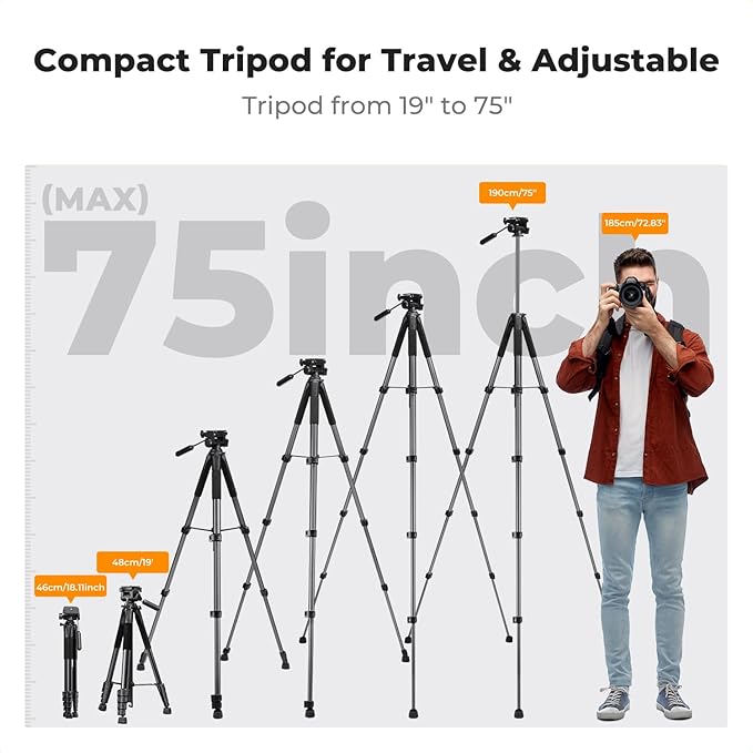 K&F CONCEPT Camera Tripod, 75" Lightweight Portable Travel Outdoor DSLR Tripods for Camera Phone Video Recording Tripod Stand, Cellphone Clip for Smartphone Live Streaming Vlog, Dark Grey
