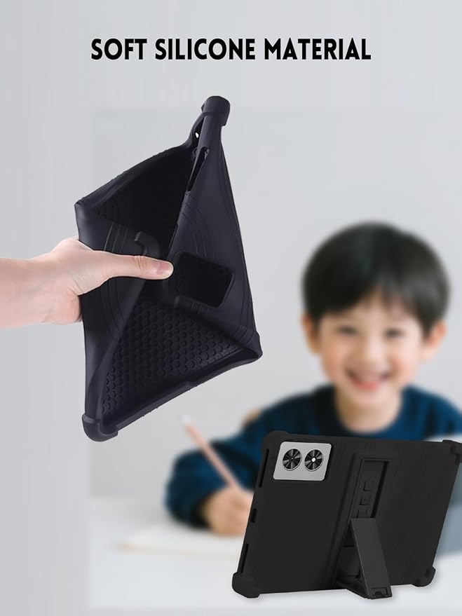 Case for Frameflow P11T Android 16 Tablet 11 Inch (Dark Black) | Soft Silicone Kids Friendly Protective Cover with Adjustable Stand Drop-Proof
