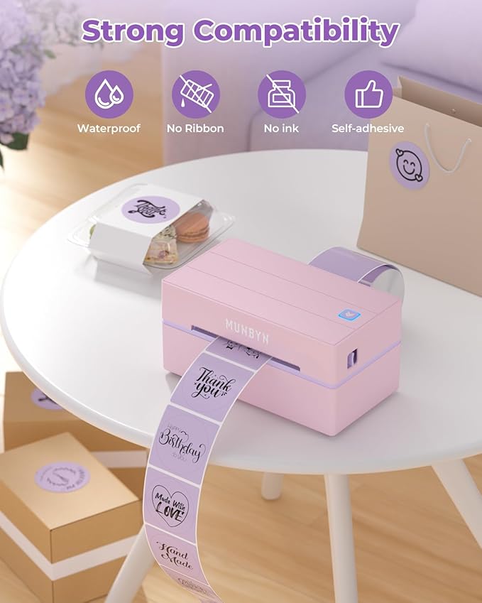 MUNBYN 130B Bluetooth Thermal Label Printer+2 Inch Lavender Purple Circle Thermal Sticker Labels+Purple Label Holder