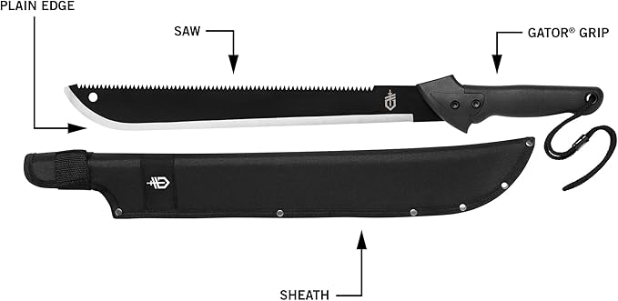 Gerber Gear Gator Machete 25" with Plain Edge Blade and Saw, Gator Grip and Protective Sheath for Gardening, Survival, Hunting, Camping and Bushcraft, Black