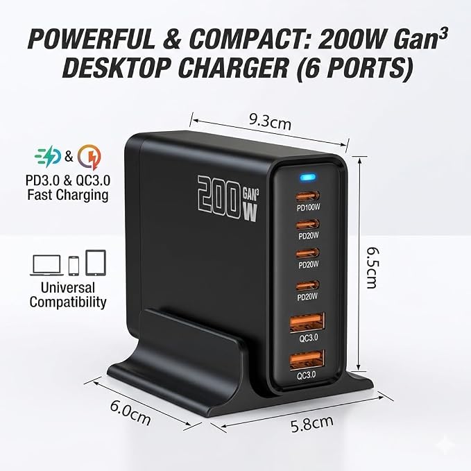 Heargrow 200W GaN USB C Charging Station 6-Port USB C Multi Charger Block with 4 Cables Fast Wall Charger Power Strip for iPhone 17 16 15 14 iPad MacBook Samsung Galaxy Pixel