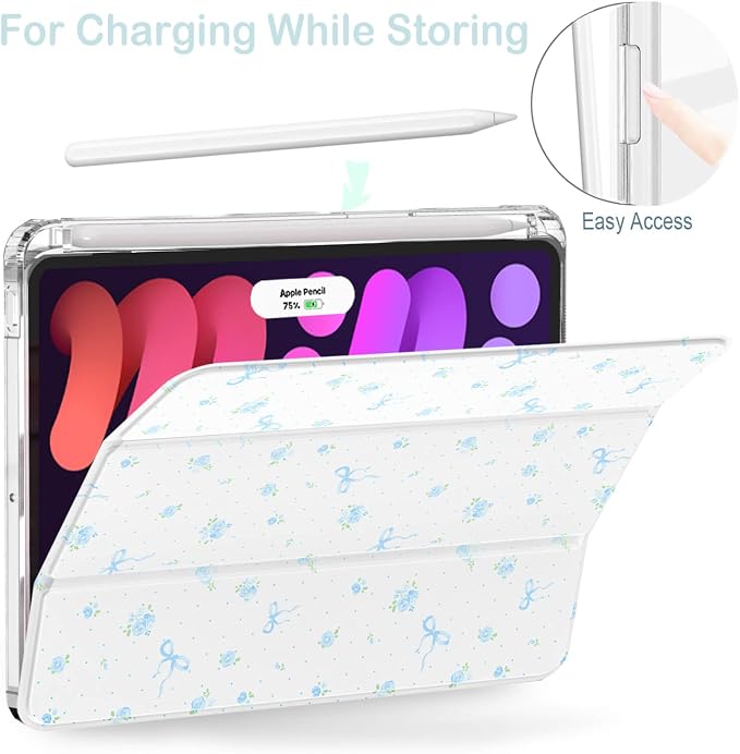Feams Case for iPad mini 7 A17 Pro 2024/iPad Mini 6 2021 Slim Lightweight Trifold iPad mini 7 A17 Pro Case 8.3 Inch 2024 Clear Back Cover with Pencil Holder &amp Auto Sleep Blue Bow