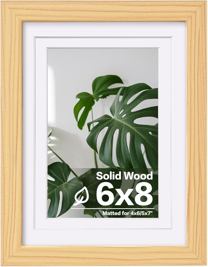 Egofine 6x8 Picture Frame Made of Solid Wood with Plexiglass, Display Pictures 4x6 with Mat or 6x8 Without Mat, for Table Top and Wall Mounting Photo Frame, Natural Wood