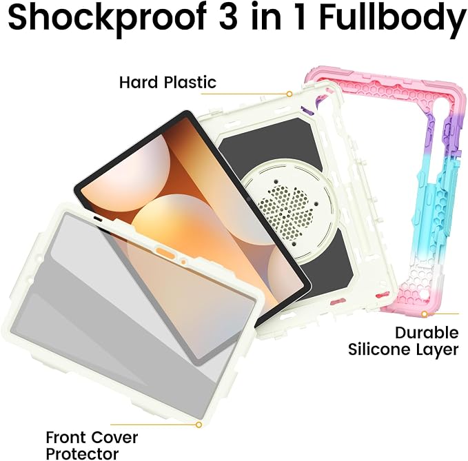HXCASEAC Case for Galaxy Tab S10 lite / S10 FE / S9 FE 10.9 Inch Shockproof | 360° Rotating Stand | S Pen Holder | Screen Protector | Shoulder Strap | Samaung S10 Lite Tablet Case Kids Black