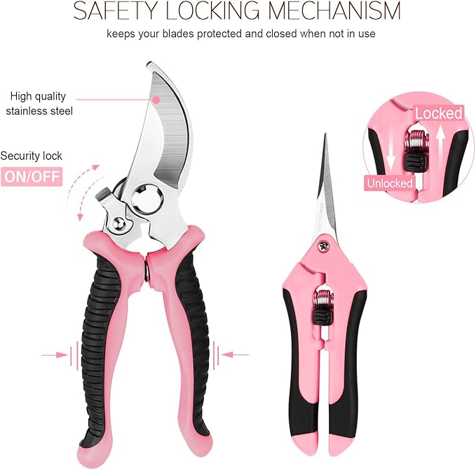 4 Packs Garden Pruning Shears Stainless Steel Blades Handheld Pruners Set with Gardening Gloves(Pink)