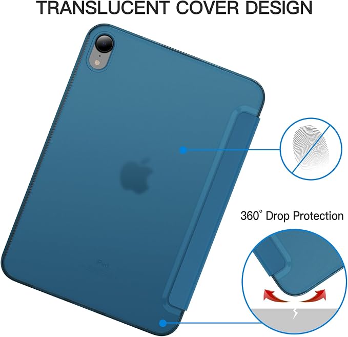 JETech Case Cover for iPad mini A17 Pro/6th Gen (2024/2021) Blue | Slim Translucent Back Design Tri-Fold Stand Auto Wake/Sleep Lightweight Shockproof Protection