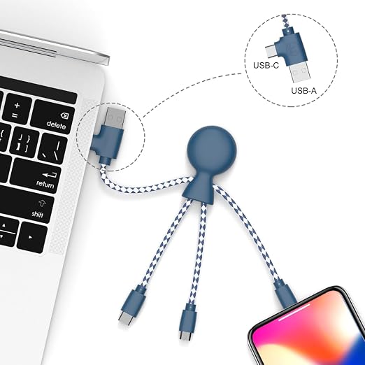 Xoopar - Mr Bio 4 in 1 Multi USB Cable Octopus Design Black - Universal Recycled Plastic Charger - USB Plug - USB-C - Lightning - Micro USB for Universal Smartphone