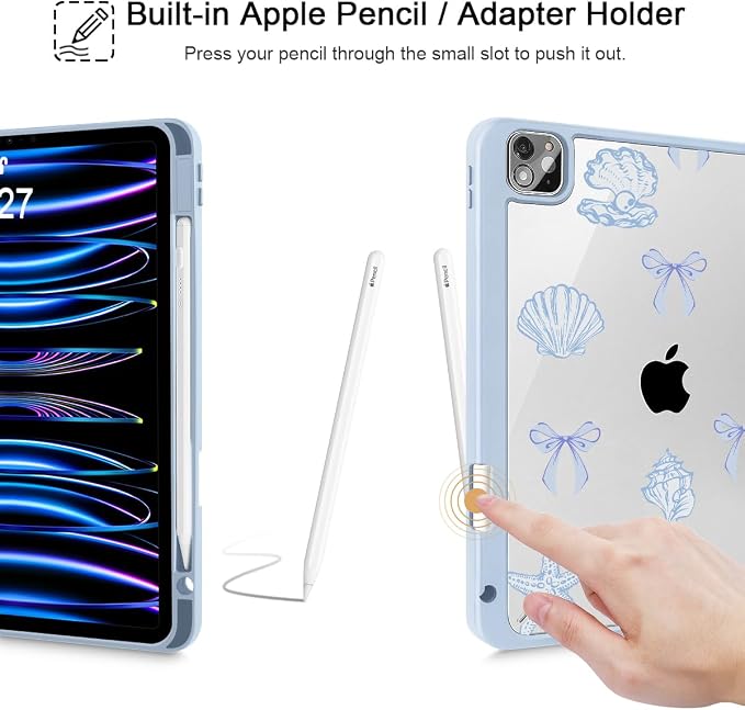 May Chen Case for iPad 12.9 Inch (6th/5th/4th/3rd Generation 2022/2021/2020/2018) Pencel Holder + Trifold Support Auto Sleep/Wake Transparent Shockproof Back Cover Blue Bows