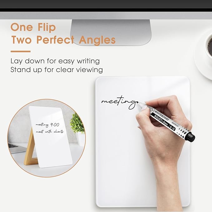 Desktop Glass Dry Erase Board, Small Glass Whiteboard with Adjustable Wood Stand - Reusable Desk Notepad 9.5" x 6.7" for Home Office