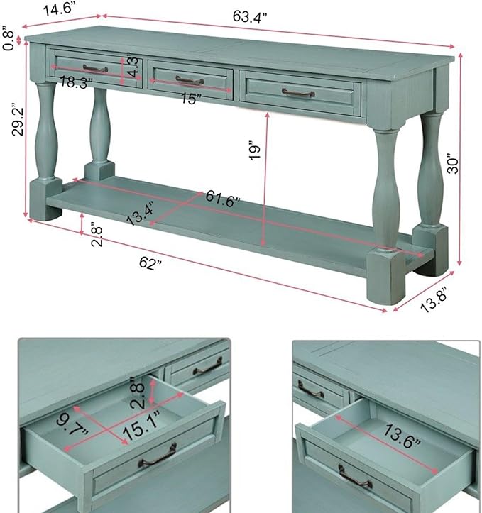 LKTART Solid Wood Console Table for Entryway,Long Sofa Table with 3 Drawers for Hallway,Foyer,Entry,Easy Assembled (63" Retro Green)