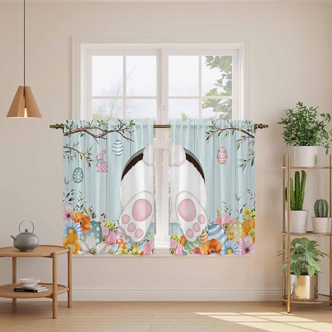 Easter Bunny Kitchen Curtains 45 Inch Long 2 Panel Set, Rod Pocket Window