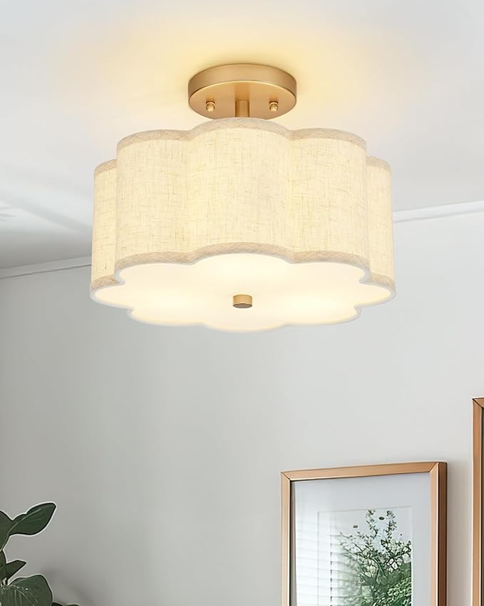 Gold Semi Flush Mount Ceiling Lights, 3-Light 12.5" Light Fixtures Ceiling Mount with Linen Fabric Drum Shade in Flower Shape for Nursery Hallway Bedroom Kitchen, AD-22007-3SF-GD-B