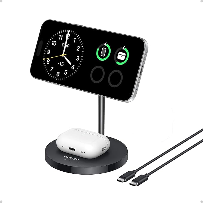 Anker MagGo 2-in-1 MagSafe Compatible Qi2 15W Wireless Charging Stand | Qi2 Certified Fast Charging Wireless Charger for iPhone 17 AirPods Pro and More (Black 40W Adapter Included)