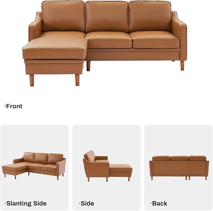 Kingfun 88" L-Shape Sofa, Faxu Leather Sectional Couch, Mid Century Modern Couches with Solid Wood Frame for Living Room & Bedroom, Brown