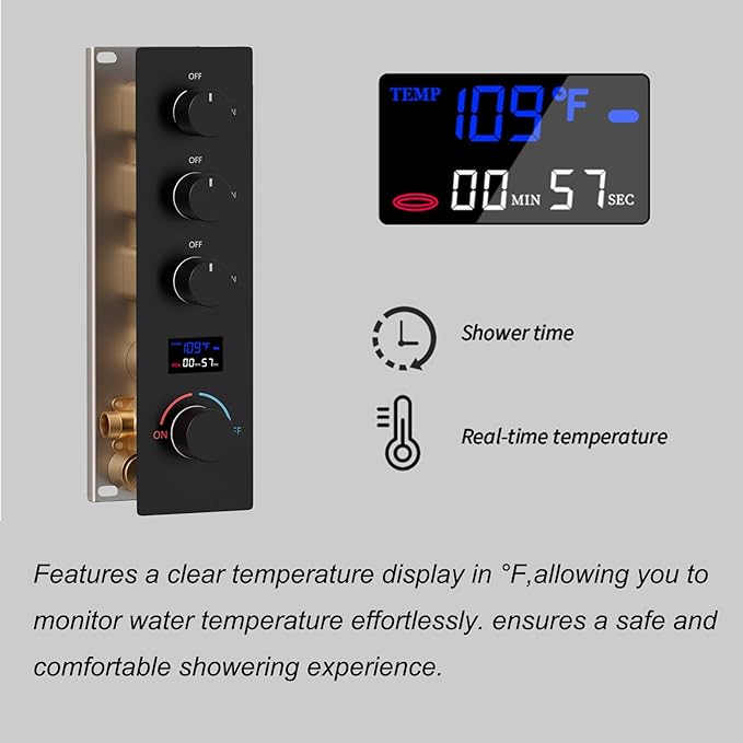 KATAIS Matte Black Tempreature Display Shower System with 6 PCS Body Jet, 8 inch Wall Mount Shower Head and Handheld Spray