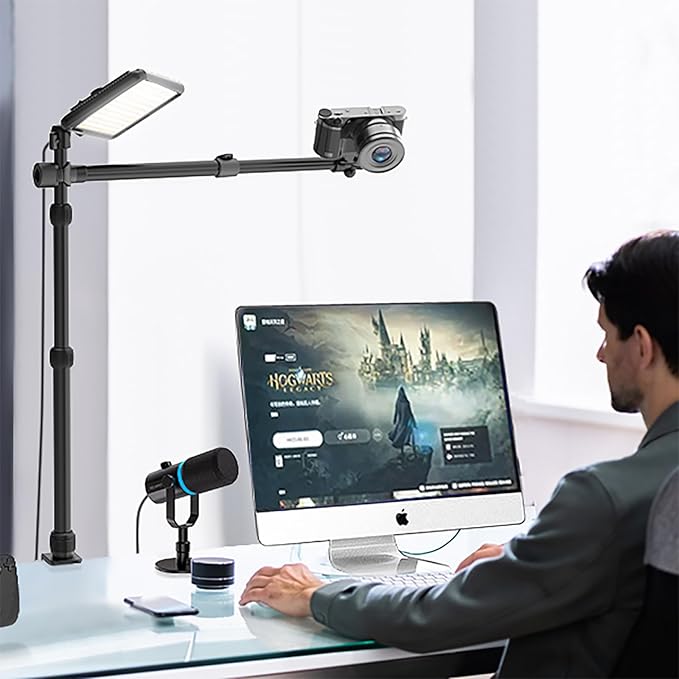 Ailight Overhead Camera Mount Desk Stand, 15.75"-33.45" Webcam Mount with 2-Section Adjustable Telescopic Boom Arm, C Clamp/Swiveling Ball Head for DSLR Camera, Phone Clip, Ring Light, Webcam