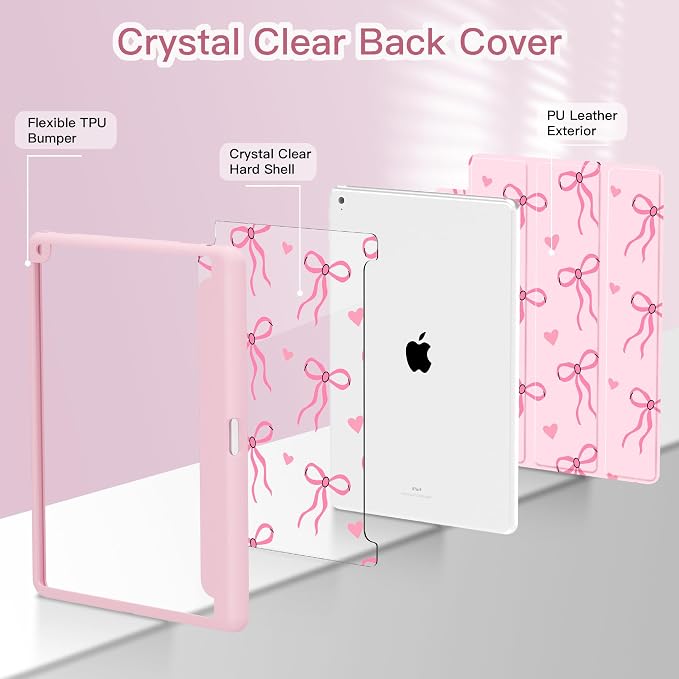 Teryeefi for iPad 10.2 case 2021 20202019 Release 7th 8th 9th Generation Built in Pencil Holder - Stand-Auto Wake/Sleep TPU &amp Hard Stand Clear Back Cover for 10.2 iPad (Black Bow)