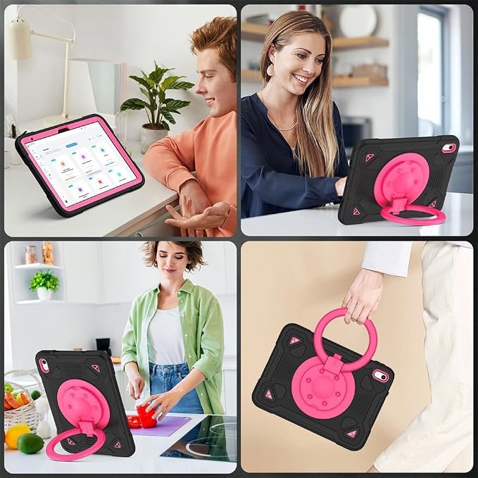 Case for iPad A16 11th / 10th Gen 10.9-Inch 360° Rotating Kickstand | Kids Shockproof Protective Cover with Handle Shoulder Strap &amp Pencil Holder Durable Silicone Case for Girls Black