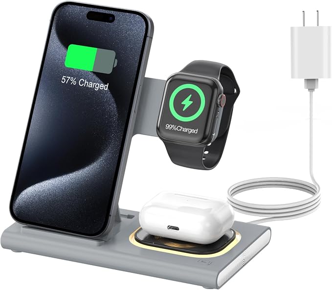 3 in 1 Foldable Wireless Fast Charging Station for Apple Multiple Devices | iPhone Charging Station for iPhone 17 Travel iWatch Charger Stand Light Nightstand Charging Dock for Apple Watch/Airpods