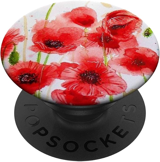 Watercolor Red Poppy Flower on White Background Pattern Grip PopSockets Adhesive PopGrip