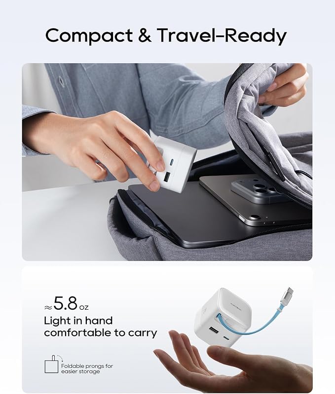 CUKTECH CP6 65W GaN USB C Charger with Built-in Retractable Cable (2.3ft) 2-Port Fast Charging Wall Power Adapter for iPhone 17/16/15 Galaxy S26/S25/S24 Pixel 10/9 MacBook Pro/Air iPad AirPods
