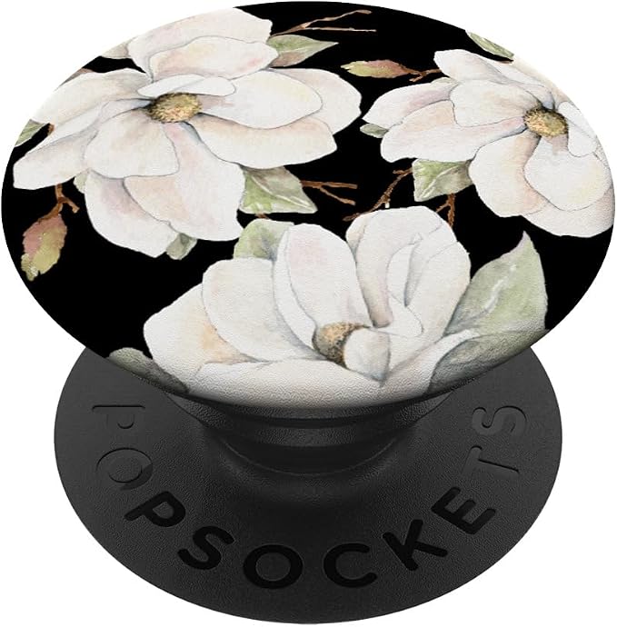 White Magnolias Floral Pattern on a Black Background PopSockets Adhesive PopGrip