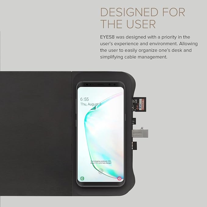 POUT E8 Wood Desk Monitor Computer Stand Riser Shelf + USB HUB + Qi Fast Wireless Charging Charger Pad Mat for Laptop Apple iMac PC iPhone Samsung Galaxy Airpod 2 Buds (Black)