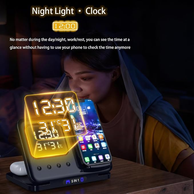 IHAO 3in1 Multifunctional Foldable Wireless Charging Station with LED Ambient Night Light Fast QC3.0 Charger for Phone iWatch Headphone Space-Saving Auto-Shutoff &amp Overcharge Protection-Black