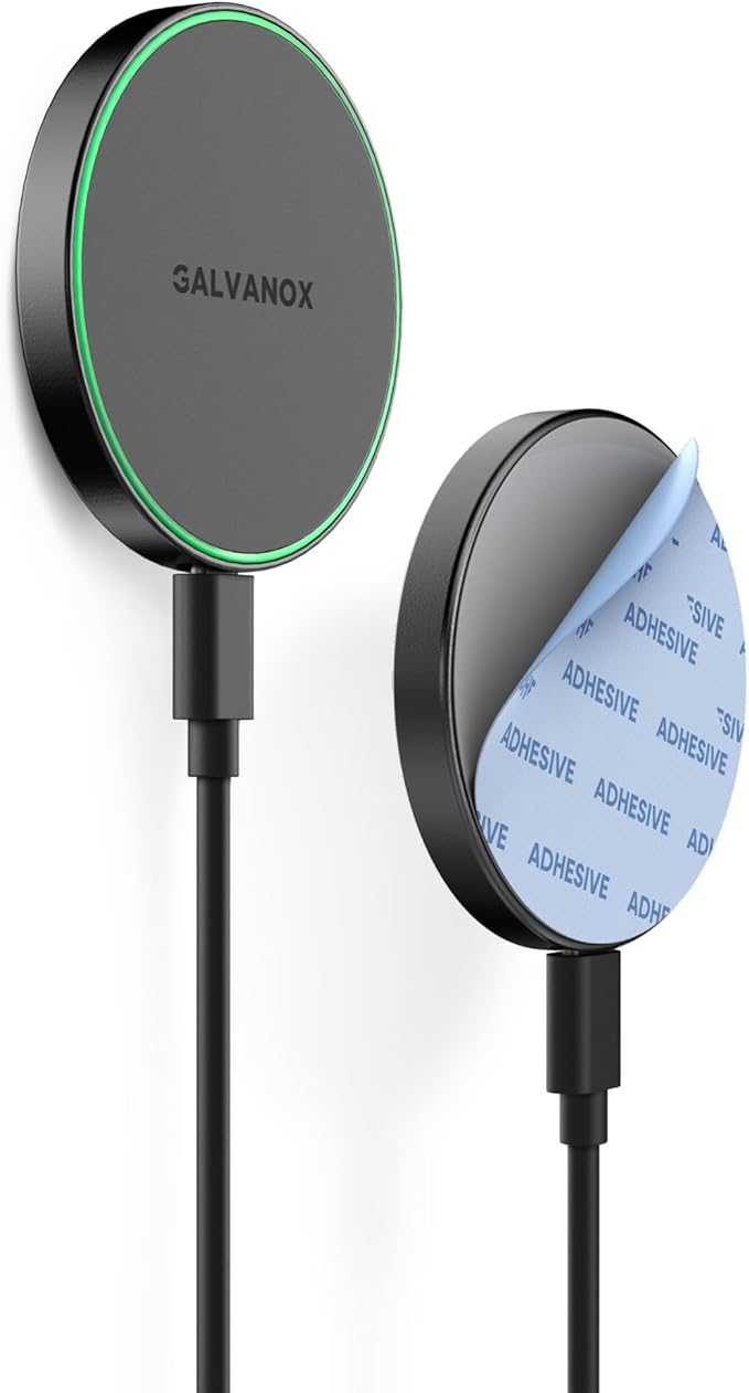 Galvanox Compatible with MagSafe Wall Mounted Magnetic Wireless Charger (15W) Fast Charging Stick-on Adhesive Design with Removable USB-C Cable (Black 10 FT)