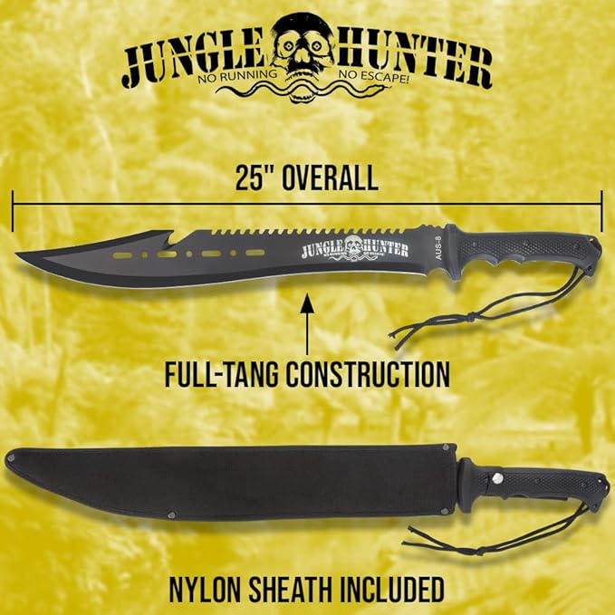 Black Legion Jungle Hunter Machete with Sheath | 25" Tactical Survival Machete Knife | Heavy Duty Sawback Blade for Yard Work & Gardening | Full Tang Stainless Steel | Outdoor & Camping Tool