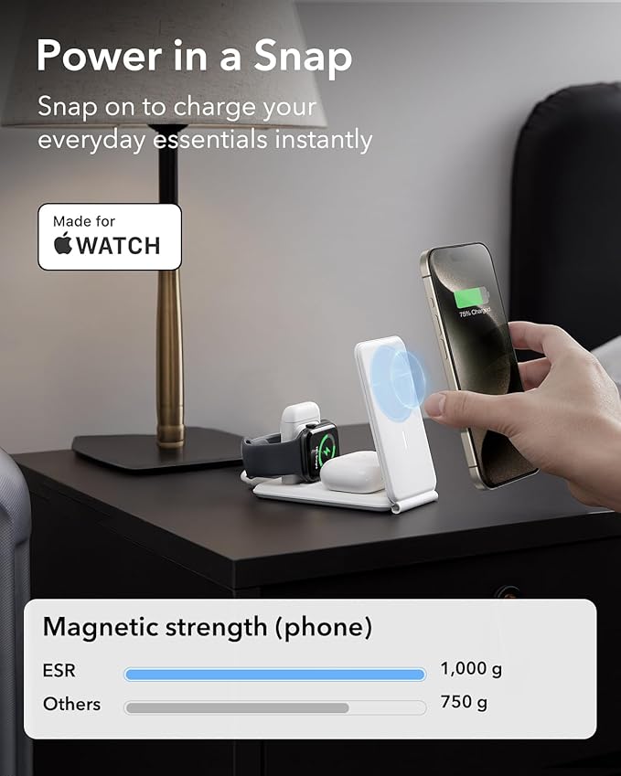 ESR 3 in 1 Charger for Magsafe, Travel Charger Stand for Magsafe, Made for Apple Watch Certified, Foldable Charging Station Compatible with iPhone 17/16/15/14/13/12, AirPods Pro, White