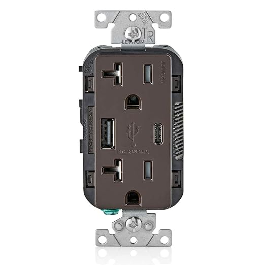 Leviton Type A &amp Type-C USB In-Wall Charger with 20A Tamper-Resistant Outlet USB Charger for Smartphones and Tablets. Not for Laptops T5833-E Black
