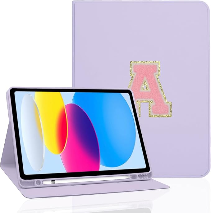 for iPad 9th Generation 10.2 Inch 2021/2020/2019 Case Initial Chenille Letter Suture Personalized for iPad 9th/8th/7th Generation Case with Auto Sleep/Wake Pencil Holder (Black A)