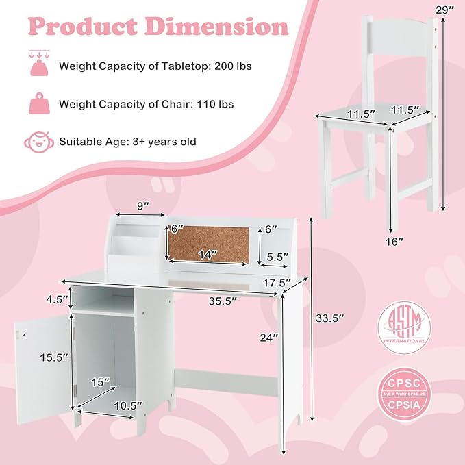 HONEY JOY Kids Desk and Chair Set, Wooden Children School Study Table and Chair w/Whiteboard, Hutch, Storage Shelves, Student Writing Desk Computer Workstation for Bedroom, 3+ Years Old (White)