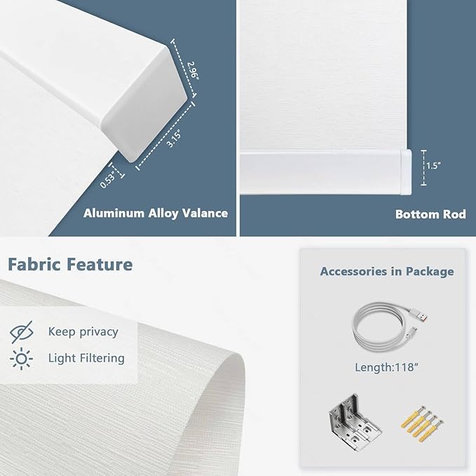 COOLWINDS Motorized Blinds with Remote Cordless Automatic Motorized Shades Custom Blinds for Windows Smart Curtains Compatible with Alexa Google Home(Light Filtering Jacquard White,W65 x H72in)