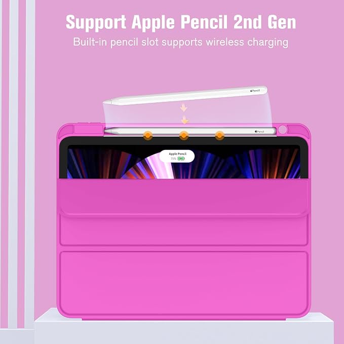 New iPad Pro 11 Inch Case 2022(4th Gen)/2021(3rd Gen)/2020(2nd Gen) with Pencil HolderSmart iPad Case [Support Touch ID and Auto Wake/Sleep] with Auto 2nd Gen Pencil Charging (Deep Pink)