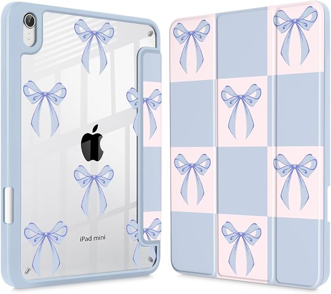 Case for iPad mini (A17 Pro 7th Generation) 2024/iPad Mini (6th Gen) 8.3 Inch with [Built-in Pencil Holder] Shockproof Cover with Clear Transparent Back Shell &amp Auto Wake/Sleep - Blue Bows