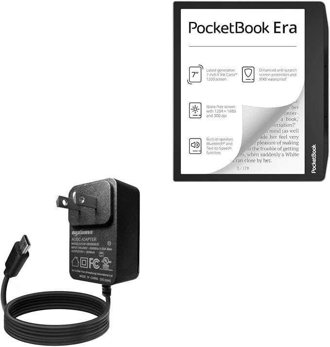 BoxWave Charger Compatible with Pocketbook Era - Wall Charger Direct (15W) Rapid Charge Your Device with Built-in 3ft Cable