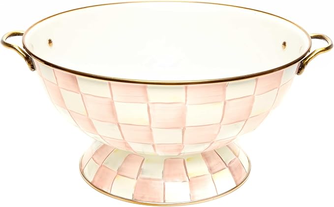 MACKENZIE-CHILDS Checkered Enamel Serving Bowl for Entertaining, Everything Bowl, Rosy Check