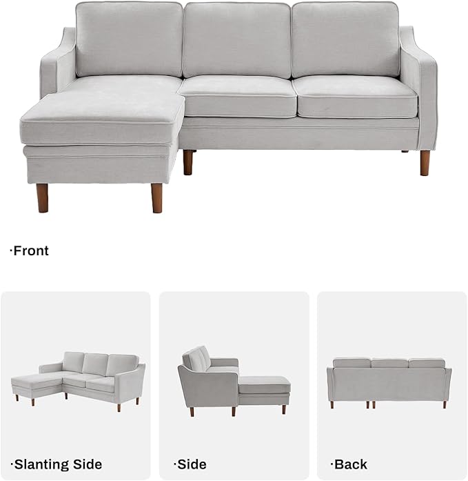 Kingfun 88" L-Shape Sofa, Chenille Sectional Couch, Mid Century Modern Couches with Solid Wood Frame for Living Room & Bedroom, Beige
