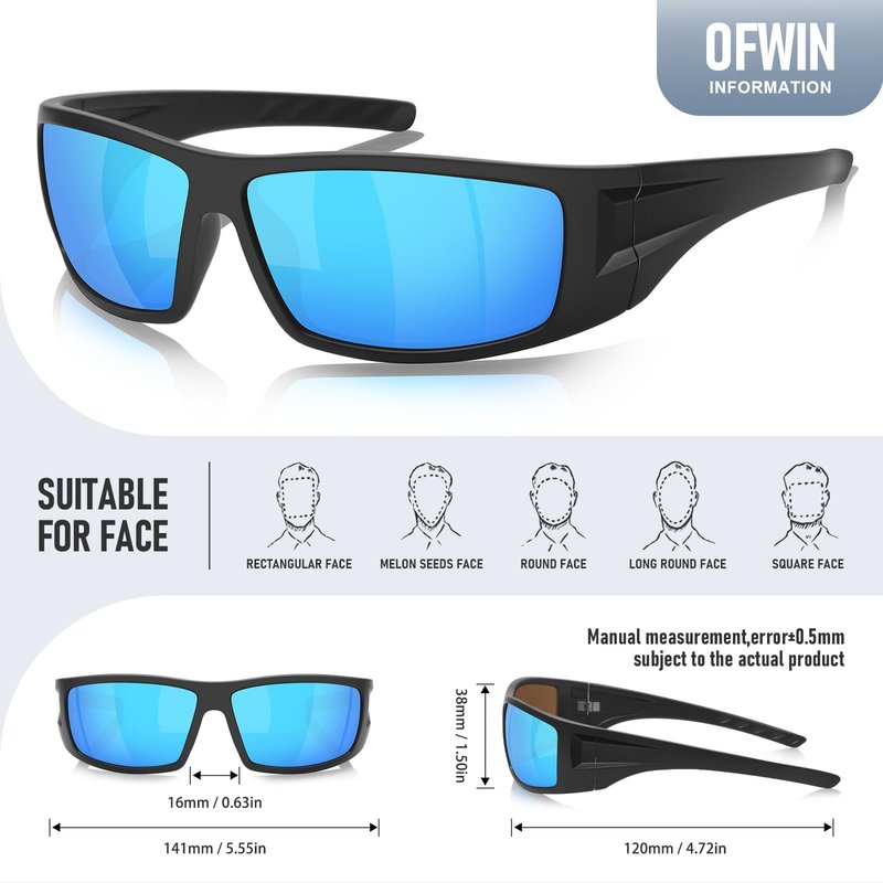Ofwin Polarized Sports Sunglasses for Men Women Unbreakable Frame Cycling Fishing Wrap Around Sunglasses UV400 Protection Gray Silver Frame/Green Mirror Lens