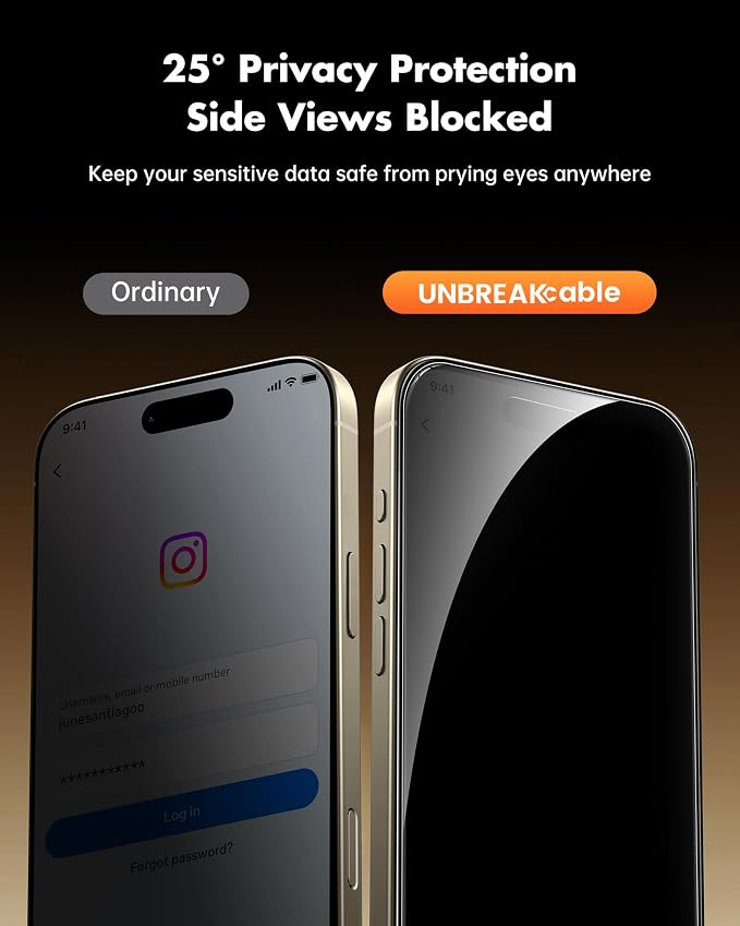 UNBREAKcable Privacy Screen Protector for iPhone 15 (6.1) 25° Anti-Spy Tempered Glass Easy Install Alignment Frame Case-Friendly 9H Hardness Anti-Fingerprint 3-Pack