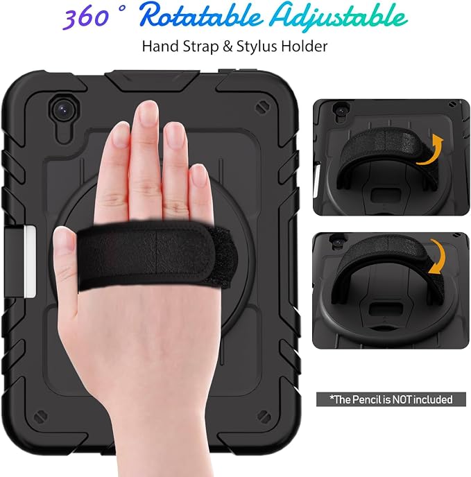 for iPad mini 7 A17 Pro/iPad mini 6 8.3 Inch Case iPad mini 7th/6th Generation Case (2024/2021) with Pencil Holder/Kickstand Hand Strap/Shoulder Strap Black