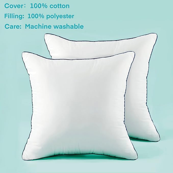 20x20 Inch Pillow Inserts Set of 2-100% Cotton Cover, Square Decorative Throw Pillows for Couch, Sofa, Chair, or Bed (2 Pack, 20x20 Inch)