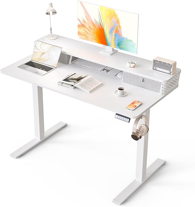 Electric Standing Desk with 2 Drawers 48''x 24'' Adjustable Height Sit to Stand Up Desk with Storage Shelf, C-Clamp Mount Compatible White Home Office Desks Computer Gaming Table Ergonomic Workstation
