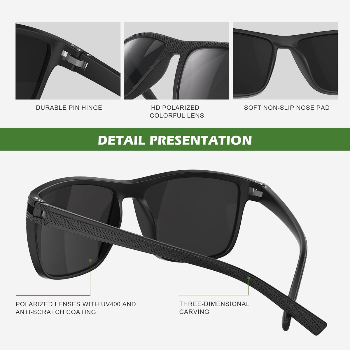 Fanshen Square Polarized Sunglasses for Men, 3 Pack Lightweight UV Protection Sun Glasses for Driving Fishing Golf (Black/G15/Brown)