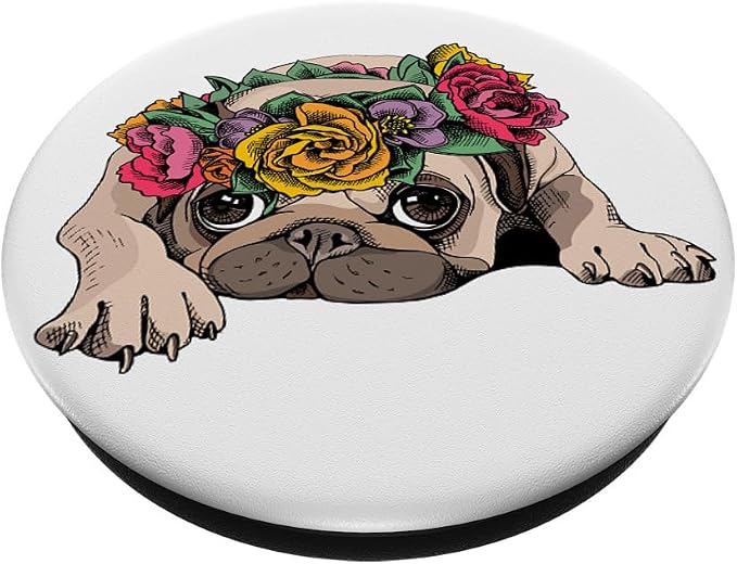 Cute Pug Pop Socket Flower Rose Floral Colorful On White PopSockets Adhesive PopGrip