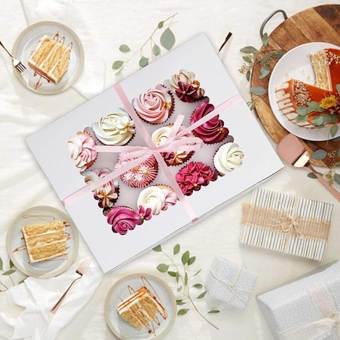 Rarapop 15 Pack Cupcake Boxes Hold 12 Standard Cupcakes, Food Grade Cupcake Holders Bakery Carrier Boxes with Windows and Inserts for Cupcakes, Muffins and Pastries